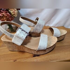 Womens Metallic Strap Cork Wedge Sandals